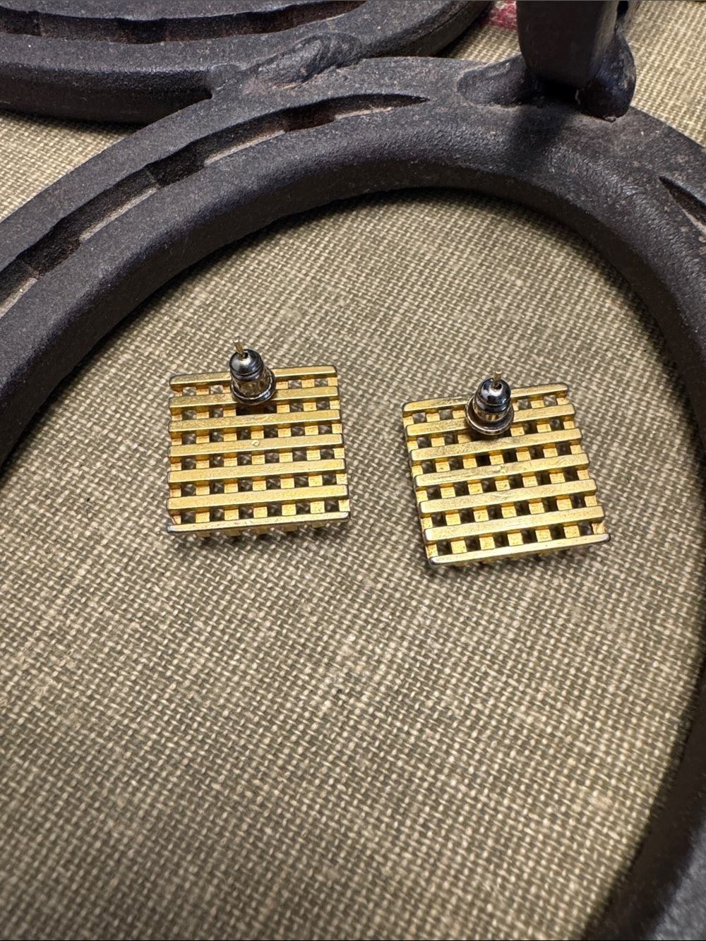 Gold Tone Waffle Style Earrings - Picture 2 of 3